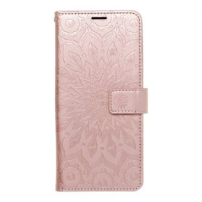 Луксозен кожен калъф тефтер със стойка и клипс Flexi за Apple iPhone 13 6.1 златисто розов с гравирани орнаменти 